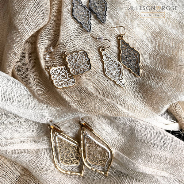Boho earrings, filigree patterns in two two and silver plating. Dangle drop earrings. Pair with our boho necklaces