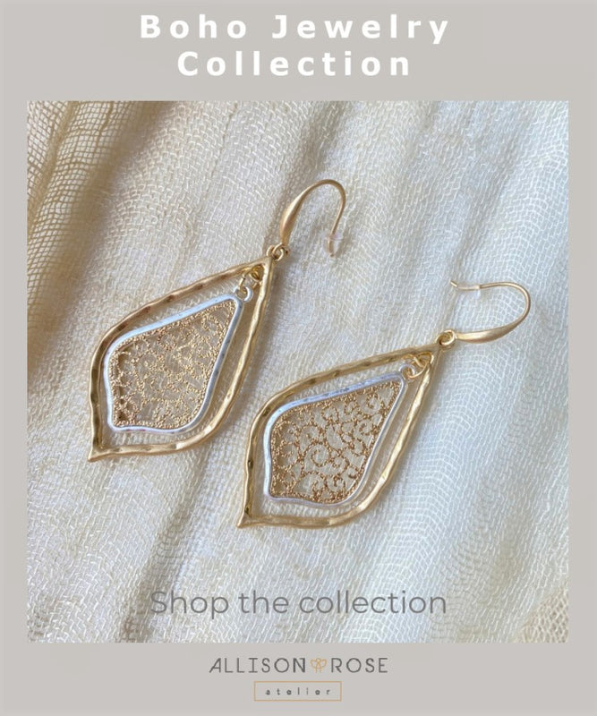 Allison Rose Atelier Boho Chic Collection  Dangle Drop Earrings - Two Tone Filigree Earrings. Bohemian vintage dangle earrings