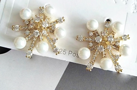 Gold Pearl and CZ Cluster Brass Vintage Stud Earrings