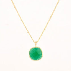 Green Onyx 14k Gold Pendant Necklace. Beveled stone is in a Cushion Cut setting, gold beaded chain