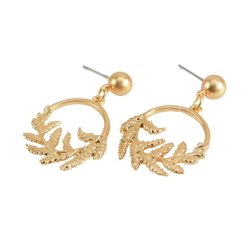 Fern Leaf Hoop Hoop Earrings in Worn Gold - Stud Drop Hoops