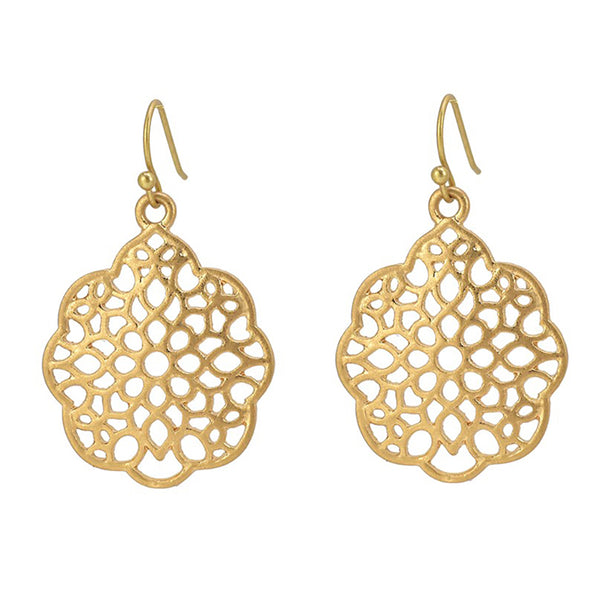 Our Bohemian Drop Earrings - Filigree Cutout Round Shape - worn gold plating Lightweight Dangle Earrings