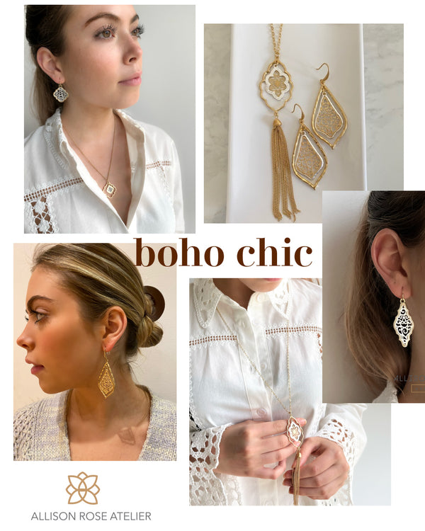 Boho Chic jewelry collection by Allison Rose Atelier. Curated handmade bohemian necklaces and earrings to mix and match. Two tone filigree inlaid patterns perfect for layering.