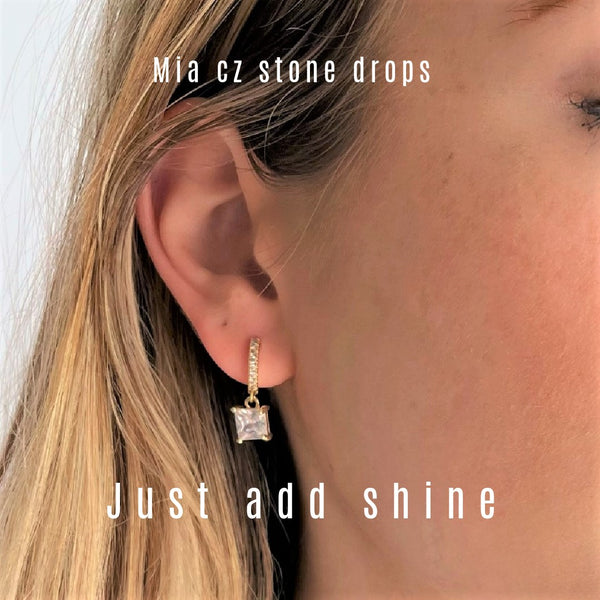 Mia cz stone cushion cut drop cz hoop earrings in 14k gold plated brass. Replikate of  KIKI White Topaz Cushion Drop & Diamond Earrings. As see on Kate's closet.  Dainty Lux Delicates earrings. Kate Middleton style. 