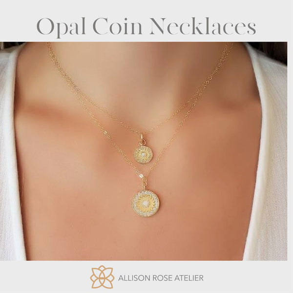 Opal coin necklace with cz sunburst etching. Dainty 14k gold filled chain. Opal pendant is the perfect gemstone