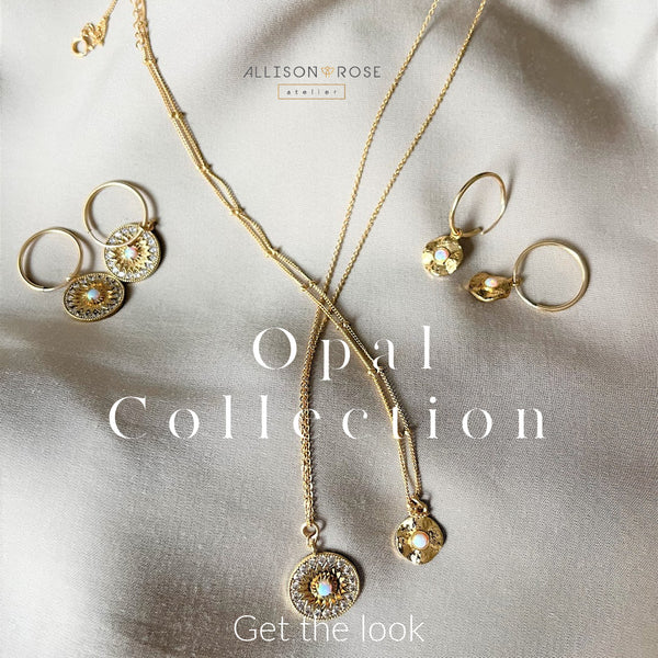 Dainty opal earrings and opal necklaces from our Lux Delicates collection of demi-fine jewelry. Opal jewelry in the queen of gems and are beautiful, eye-catching and steeped in history. 