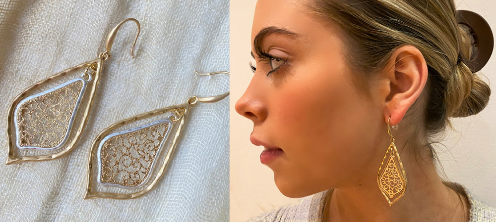 Allison Rose Atelier Boho Chic Dangle Drop Earrings - Two Tone Filigree Earrings. Bohemian vintage dangle earrings. Available in two sizes and worn gold and silver plating options.