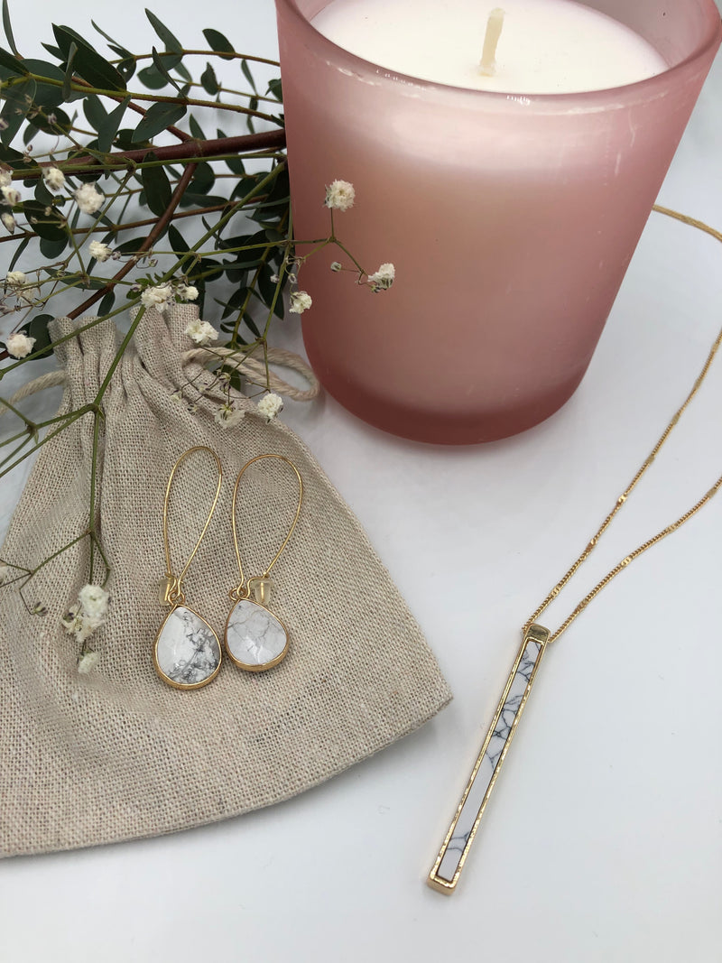 Allison Rose Atelier marble howlite jewelry natural stone sustainable dangle drop earrings pendant necklace gold plated vintage boho bohemian 