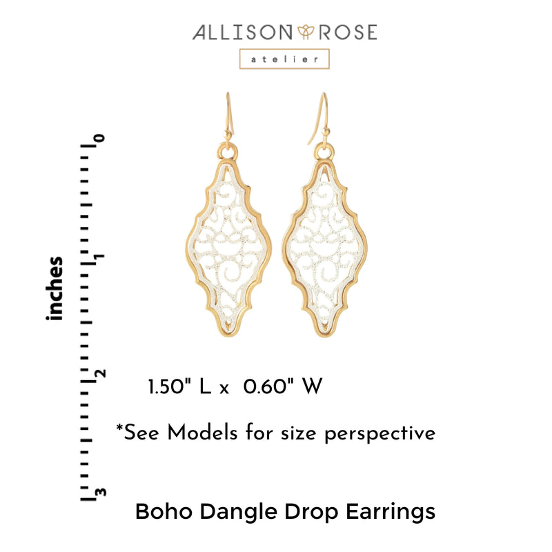 Boho Earrings Filigree Pattern Dangle Earrings Two Tone worn gold and silver bohemian style earrings