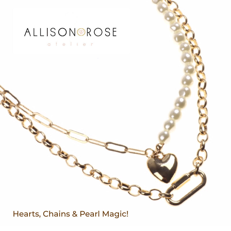 Allison Rose Atelier - Multilayer 16k Heart and Chain Necklaces with a Mini simulated Pearl Strand and Charm Gold Heart