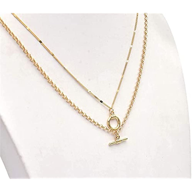 Layered Chain Pendant Necklace Features an Art-Deco Inspired, Ridged T-bar Layered Next to a Smooth Circle