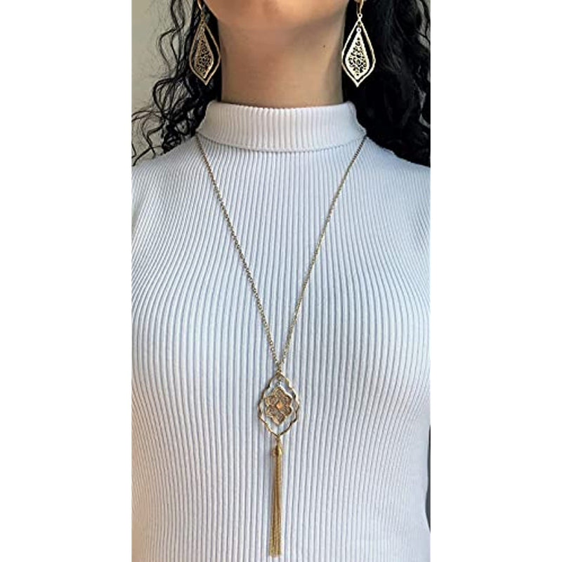 Boho necklaces, two tone filigree pattern charm necklace with fringe tassel 