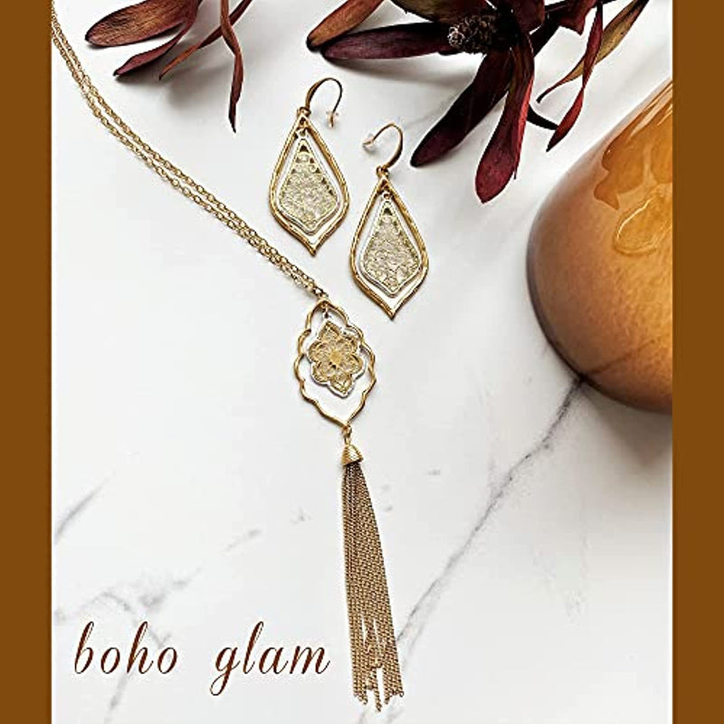 Boho Earrings filigree two-tone dangle drop earrings with matching necklace 