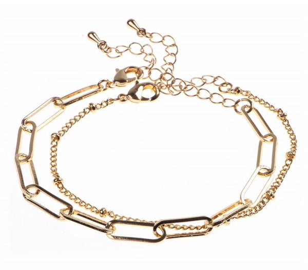 Dainty16K Gold Plated Brass Multilayered Bracelet Set – Paperclip Chain Layered with Separate Beaded Chain
