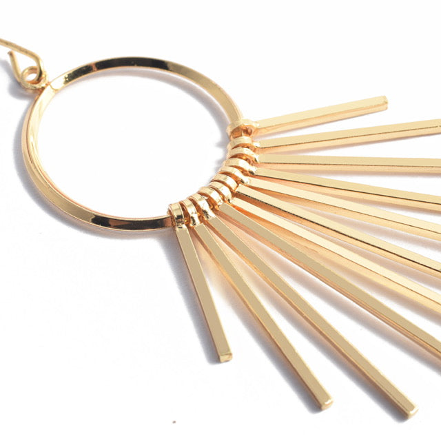 Wire Hoop Dangle Earrings with Sunburst Tassel Dangling Bars gold 