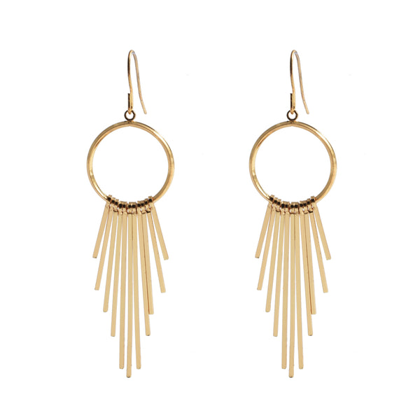 Wire Hoop Dangle Earrings with Sunburst Tassel Dangling Bars gold 