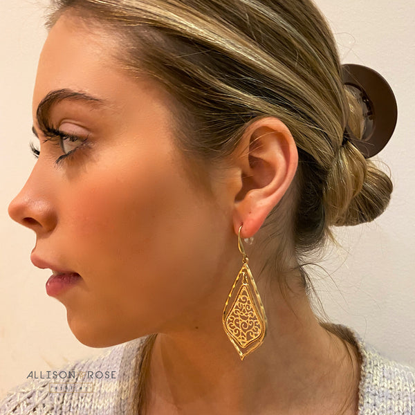 Boho Earrings filigree two-tone dangle drop earrings