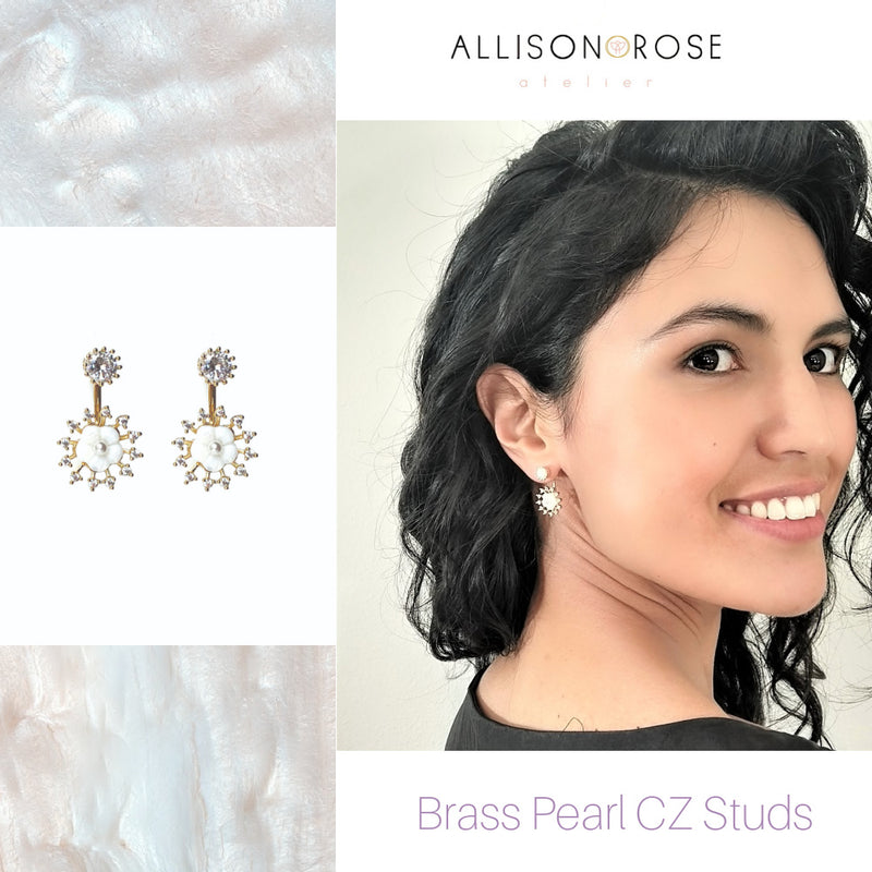 Allison Rose Atelier - Gold Plated Brass Drop Earrings with CZ Stud and Vintage Pearl with Shell Earrings