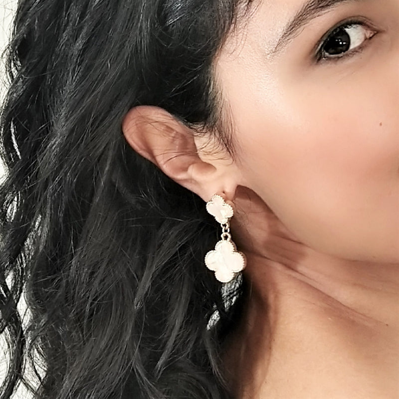 Allison Rose Atelier - Off White Double Clover Quatrefoil Drop Earrings in Gold Plating
