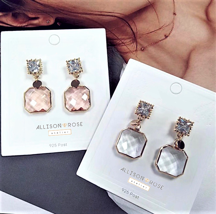 CZ Stone Beveled Glass Drop Earrings - USA and  International
