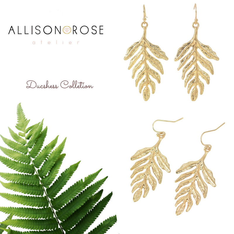 Fern leaf gold dangle drop earrings 