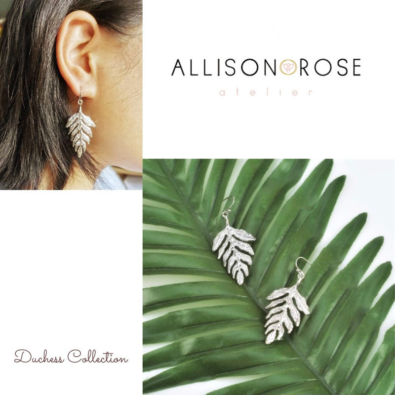Fern leaf silver dangle drop earrings 