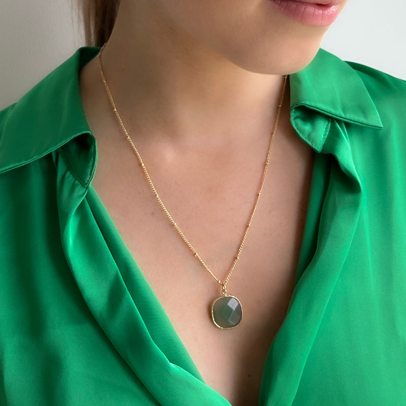 Green Onyx 14k Gold Pendant Necklace. Beveled stone is in a Cushion Cut setting, gold beaded chain