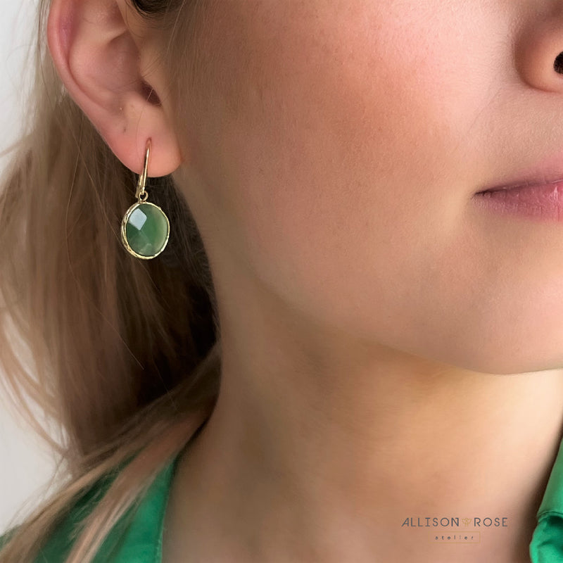 Allison Rose Atelier Green Onyx Drop Earrings 16k gold plated beveled gemstone. Duchess replikate