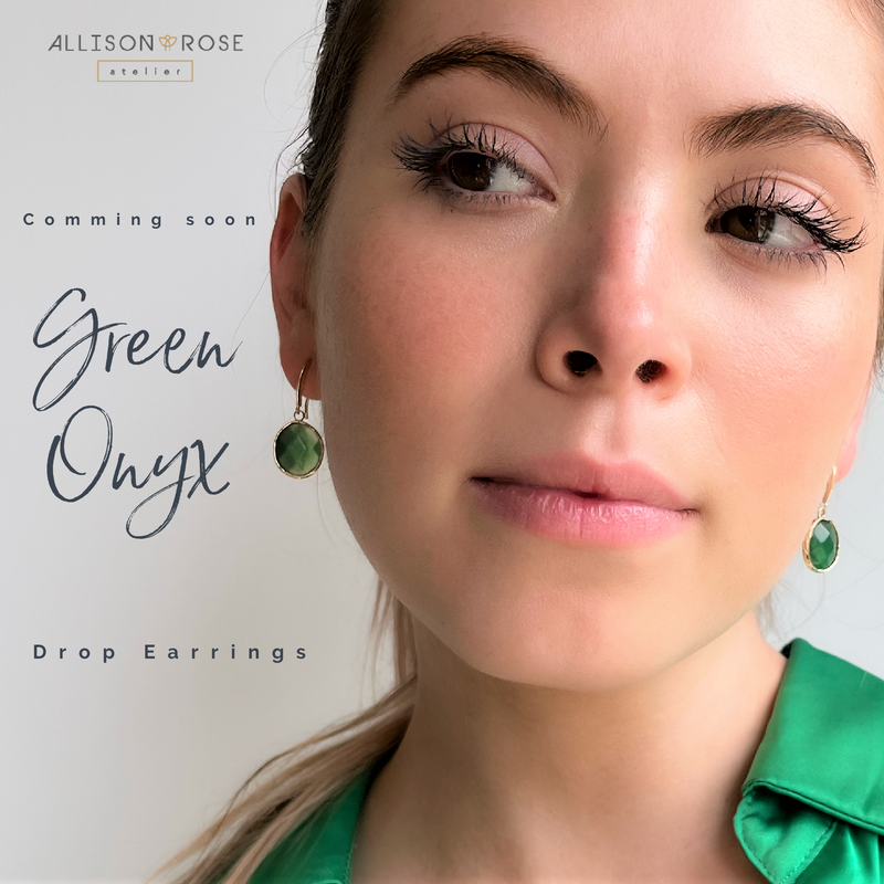 Green Onyx collection by Allison Rose Atelier. Drop earrings, hoop earrings and necklace
