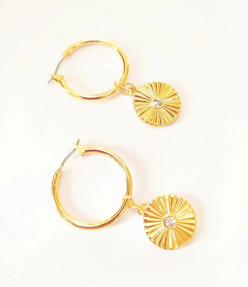 Moon Hoop Earrings Gold Engraved Charm Earrings