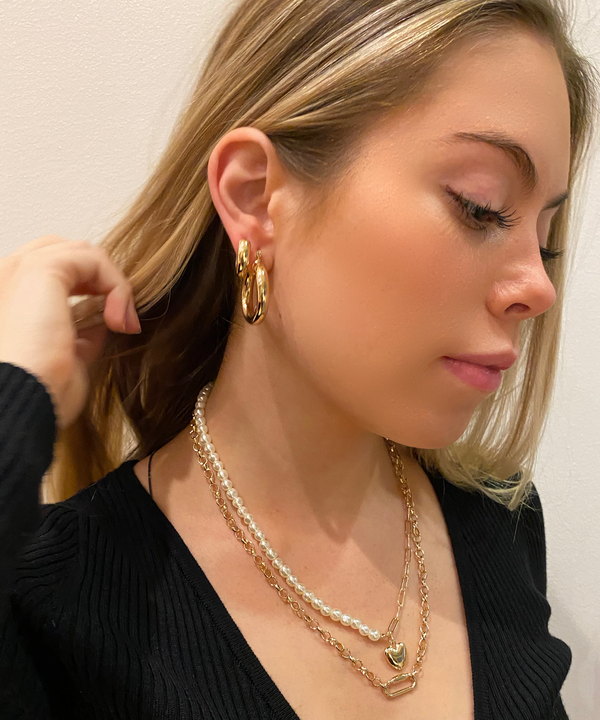 Allison Rose Atelier - Multilayer 16k Heart and Chain Necklaces with a Mini simulated Pearl Strand and Charm Gold Heart