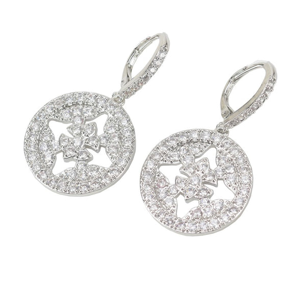 CZ Drop Hoop Earrings - Intricate Floral CZ Stones - repliKates