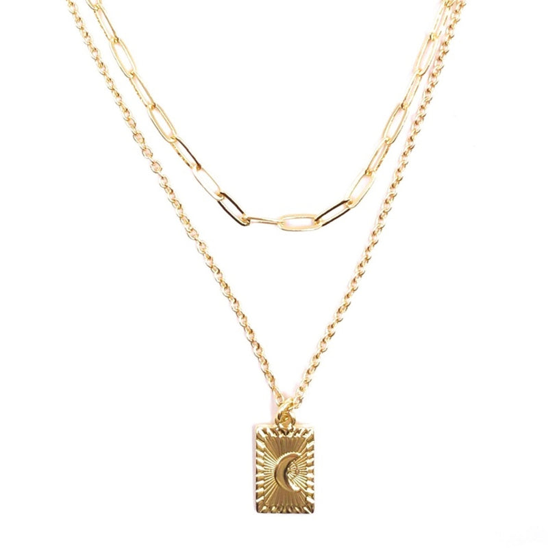 2pc Celestial Gold Sun Engraved Layered Necklace Set