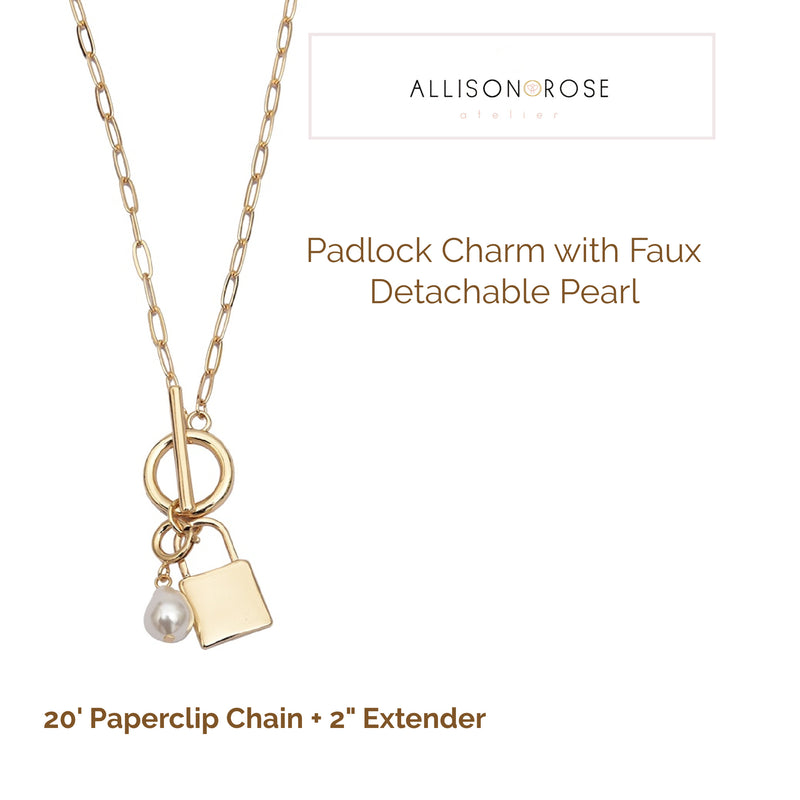 Pearl charm paperclip gold chain necklace 