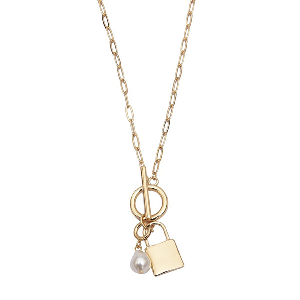Pearl charm paperclip gold chain necklace 