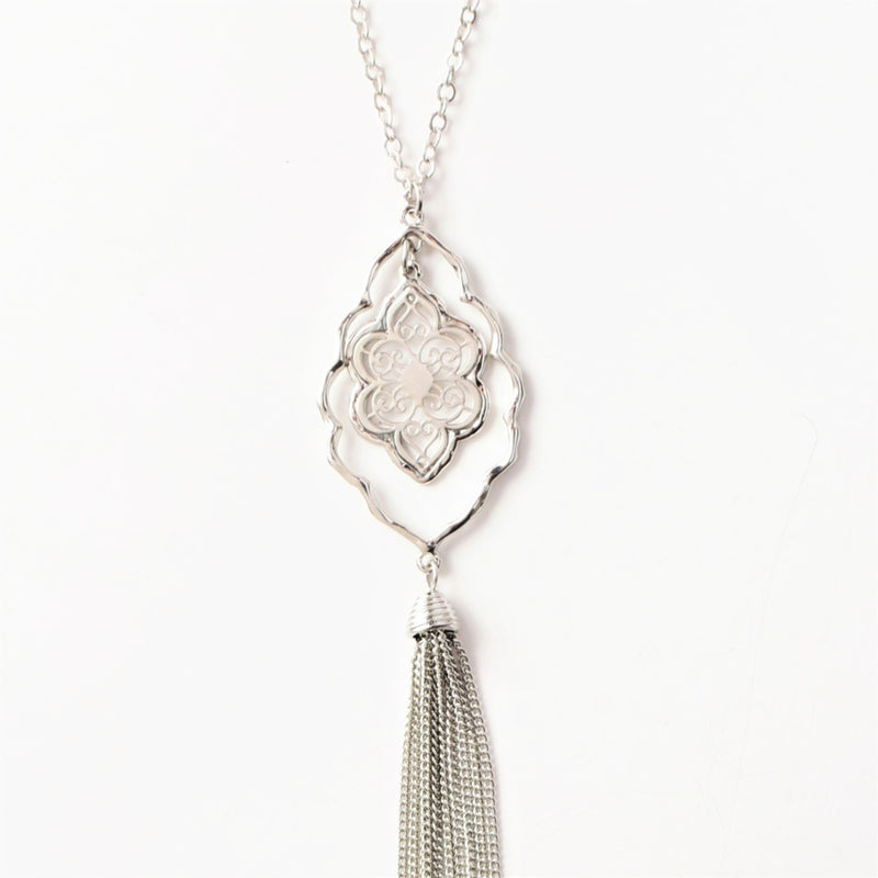 Boho necklaces, silver filigree pattern charm bohemian necklace with fringe tassel 
