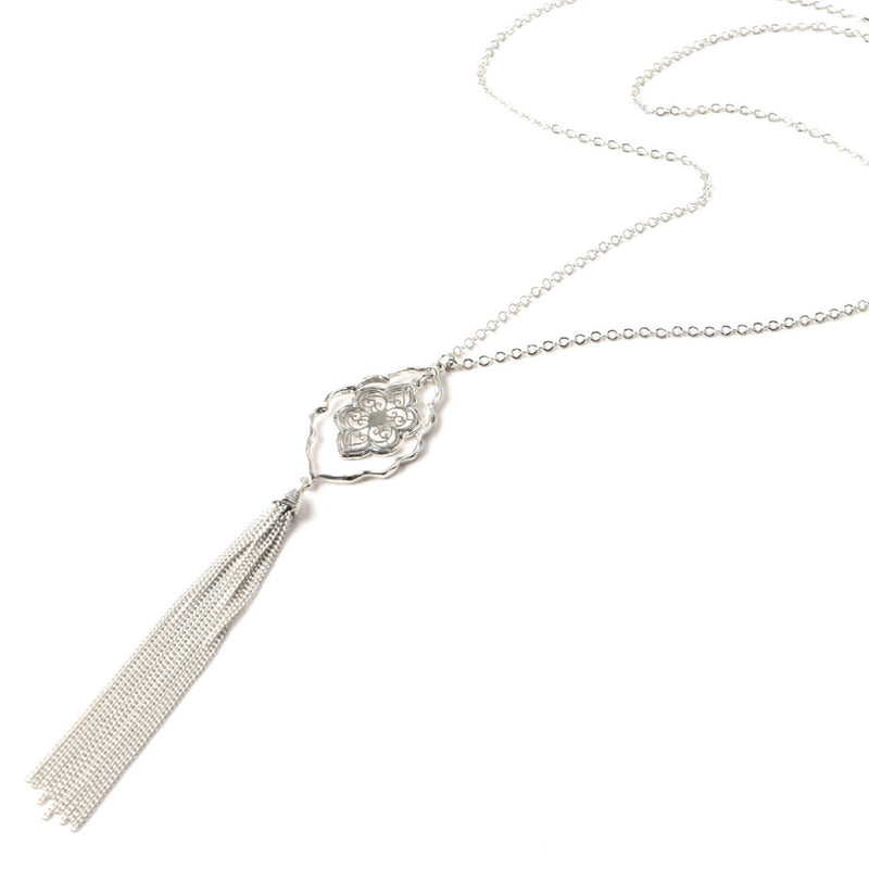 Boho necklaces, silver filigree pattern charm bohemian necklace with fringe tassel 