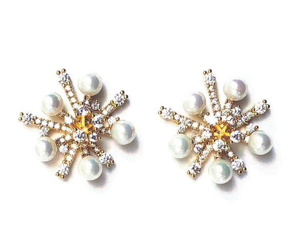 Gold Pearl and CZ Cluster Brass Vintage Stud Earrings