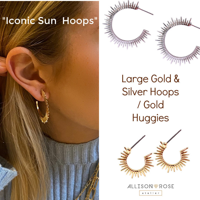 16k, and silver plated spiked sun huggie and hoop earrings 