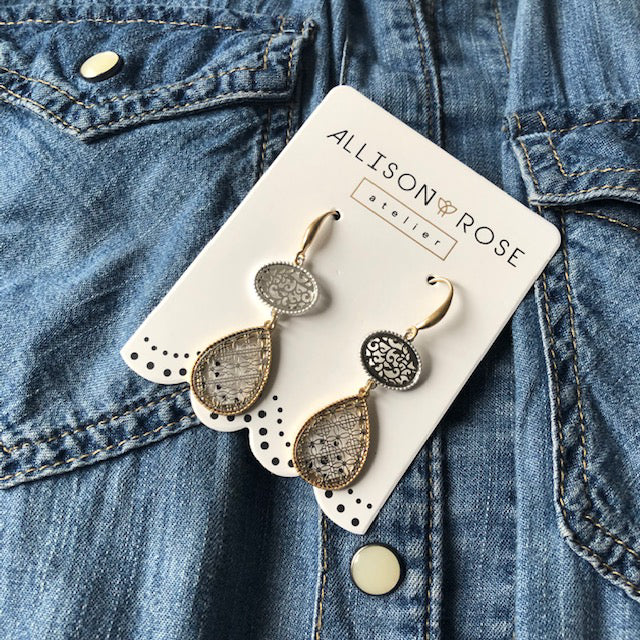Two Tone Gold & Silver Plated Dangle-Drop Earrings – Filigree detailing