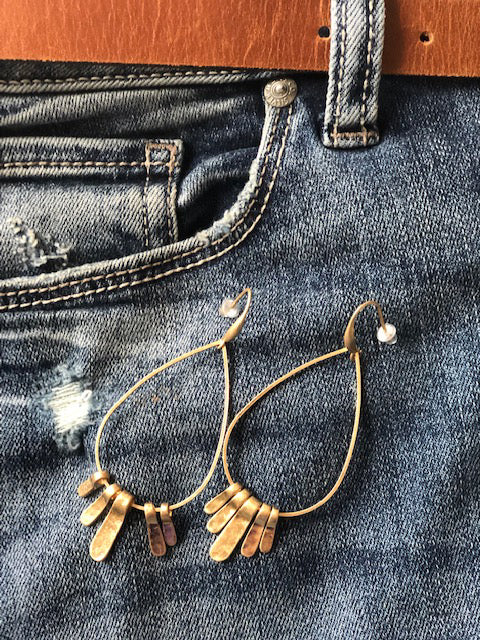 Wire Hoop Long Dangle Earrings with Hammered Discs boho style gold