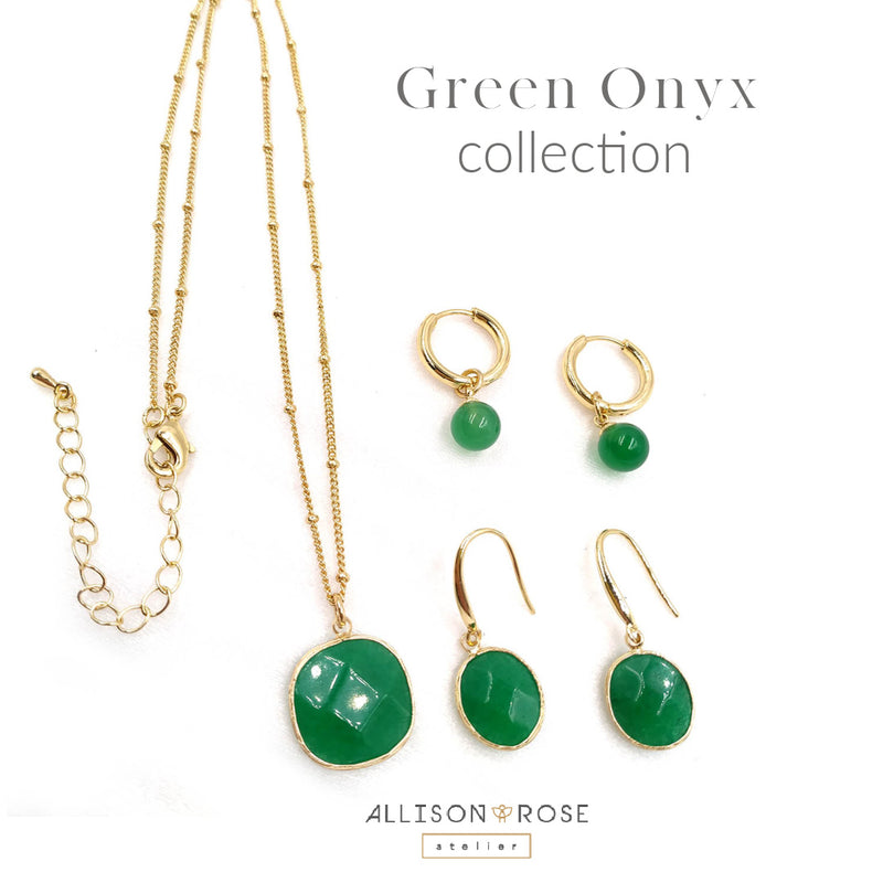 Allison Rose Atelier Green Onyx Drop Earrings 16k gold plated beveled gemstone. see the collection