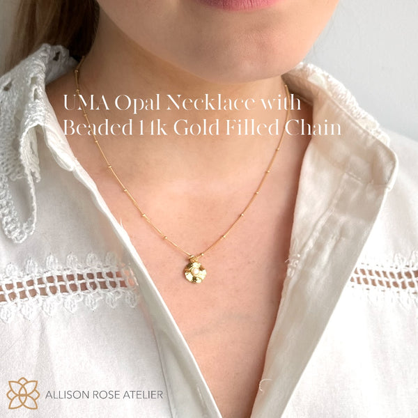 UMA 14K Opal Gold Necklace 14K gold filled Beaded chain Opal stone set in a wavy coin pendant 